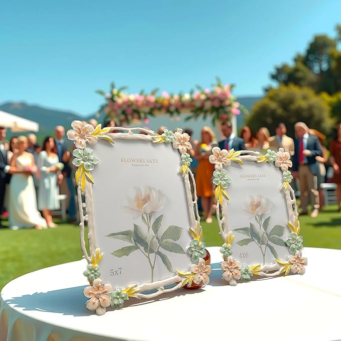 4X6 Wedding Picture Frame with Enamel Finis Glass Front - Ornate Antique Pink and Green Flowers Photo Frame Tabletop/Wall Vintage Display Gifts for Women