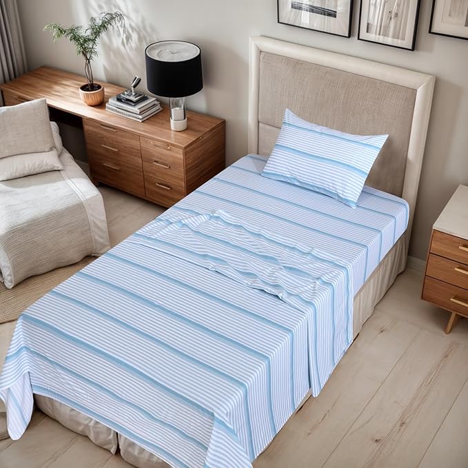 RUVANTI 100% Organic Cotton Sheets Twin XL, Percale Weave, GOTS Certified, 3-Piece Set, Deep Pocket 15", Crisp & Breathable, Soft Durable Bedding, Sábanas Algodón Orgánico – Nautical Stripes