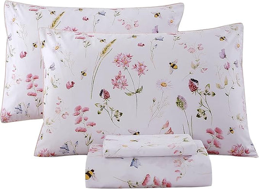 RYNGHIPY Shabby Floral Bees Print Bedding Sheets with Pillowcases, Breathable Egyptian Cotton Bed Sheet Set (Bee,Queen Size)