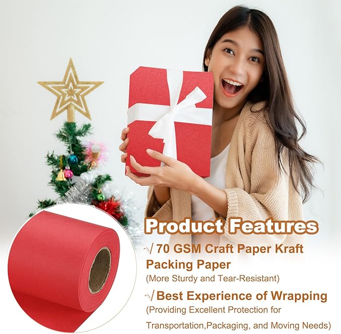 PATIKIL Wrapping Paper, 12" x 500"(42') 70 GSM Craft Paper Roll Kraft Packing Paper for Poster Bulletin Board, Gift Wrapping, Bright Red