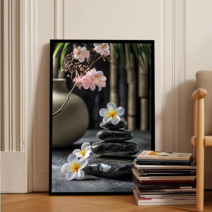 A harmonious black stone stack paired with white and pink flowers bamboo and ceramic vases creates a tranquil Zen decor for minimalist homes and mindful spaces 8x12in Metal blackFramed