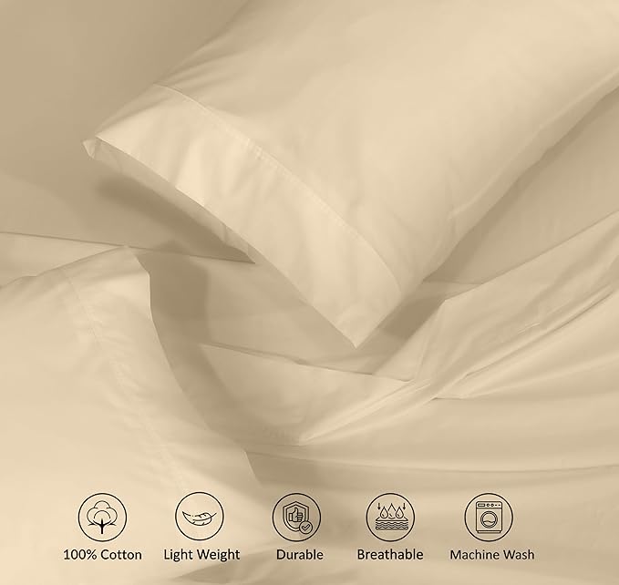 RUVANTI 100% Cotton California King Sheet Sets, 4 Pieces, Soft & Breathable Percale Weave Bedding, Deep Pocket 14", Hotel Standard, Crisp Cool Feel & Durable, Perfect Dyed Sheets, Beige