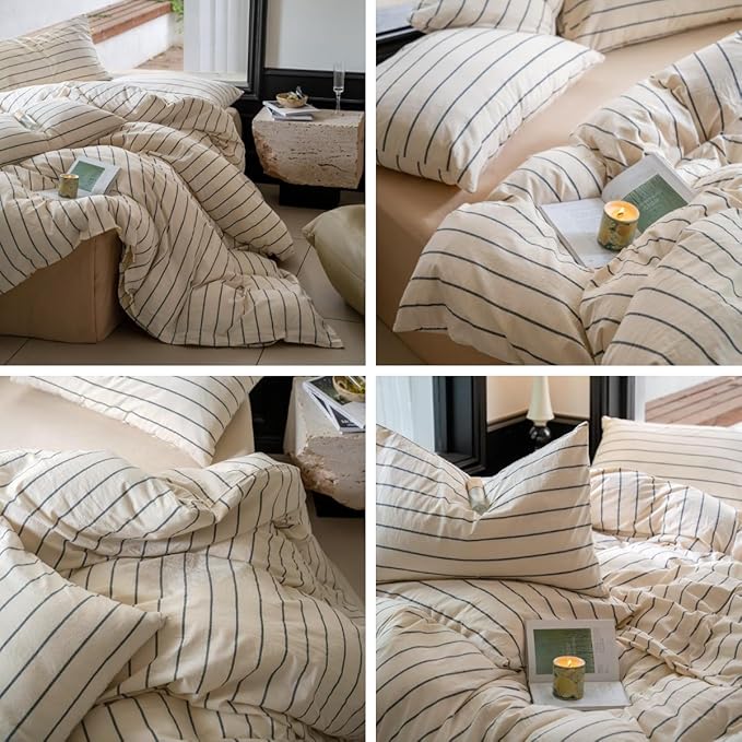 LifeTB Striped Comforter Set Full Size Grey Stripes Pattern Printed Comforter 3 Pieces Lightweight Boho Bedding Comforter Set for All Seasons Breathable Soft Fluffy Beige Comforter with 2 Pillowcases