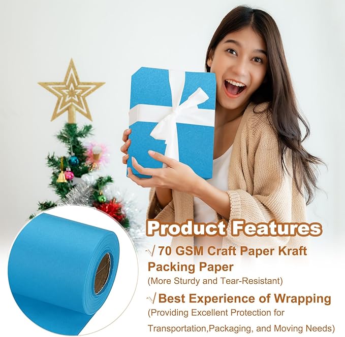 PATIKIL Wrapping Paper, 15" x 600"(49') 70 GSM Craft Paper Roll Kraft Packing Paper for Poster Bulletin Board, Gift Wrapping, Light Blue