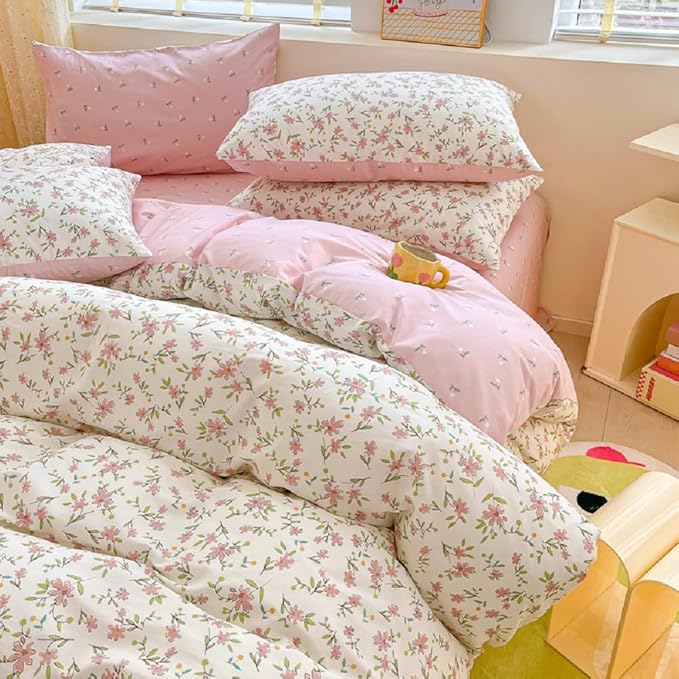 Vintage Style Pink Floral Duvet Cover King Cotton Garden Flower Duvet Cover Boho Cottagecore Bedding Set Chic Botanical Duvet Cover with 2 Pillowcases White Floral Comforter Cover King Bedding Set