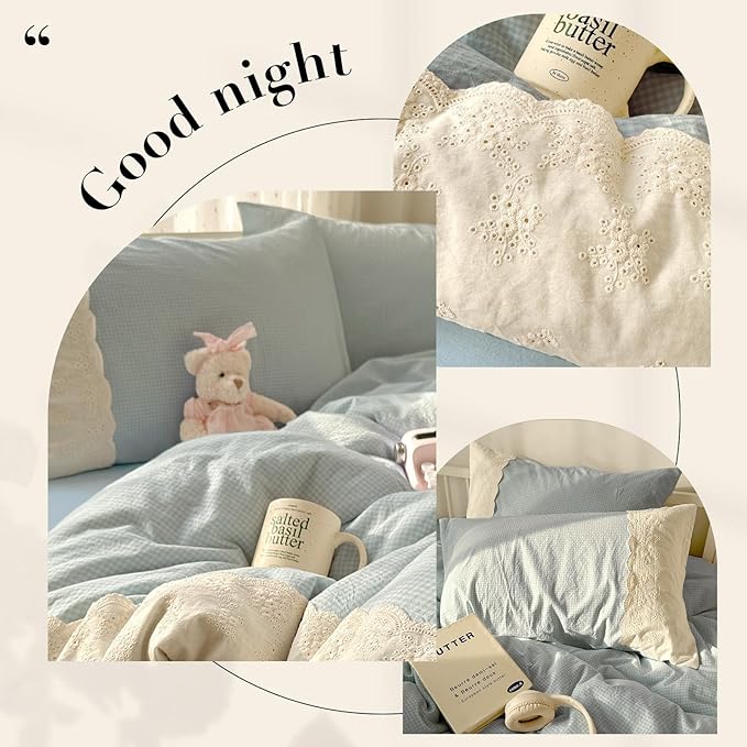 VM VOUGEMARKET Blue Plaid Comforter Set Queen Romantic Lace Comforter with 2 Pillowcases Sky Blue Gingham Bedding Comforter for Teen Girls,90"x90"