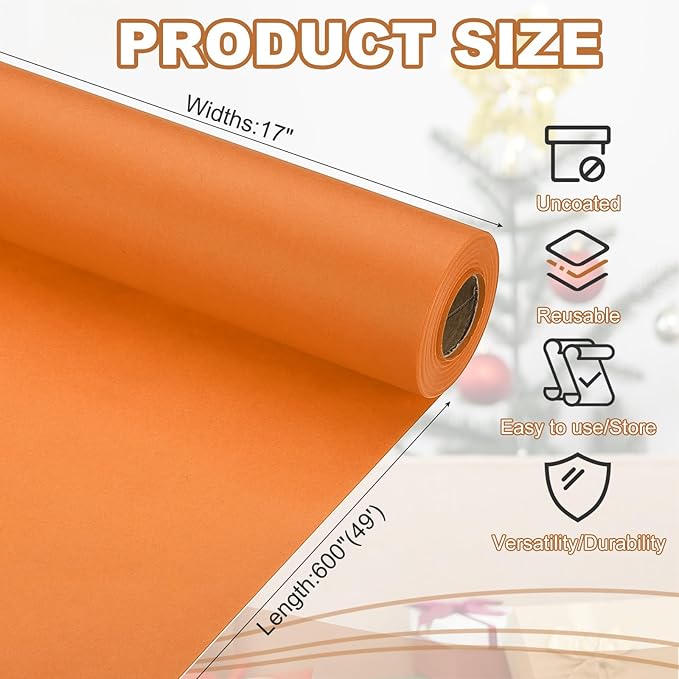 PATIKIL Wrapping Paper, 17" x 600"(49') 70 GSM Craft Paper Roll Kraft Packing Paper for Poster Bulletin Board, Gift Wrapping, Orange