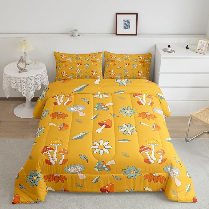 Castle Fairy Retro Hippie Mushroom Comforter Set Full Size,Groovy Flowers Floral Bedding Comforters for Girls Teens Gift,Yellow Boho Quilt Set with 2 Pillowcases,Chic
