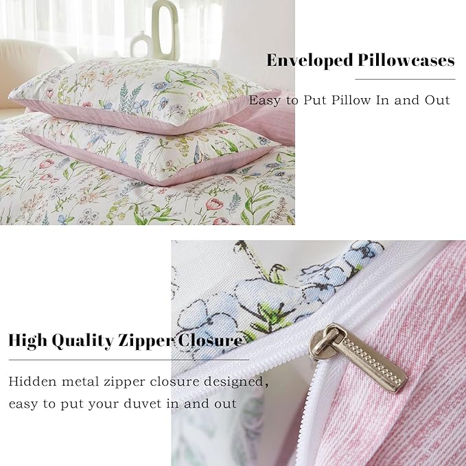EAVD Vintage Garden Style Botanical Floral Duvet Cover Full White Soft 100% Cotton Chic Floral Cute Bird Print Bedding Set with 2 Pillowcases Fresh Botanical Duvet Cover with Zipper Closure