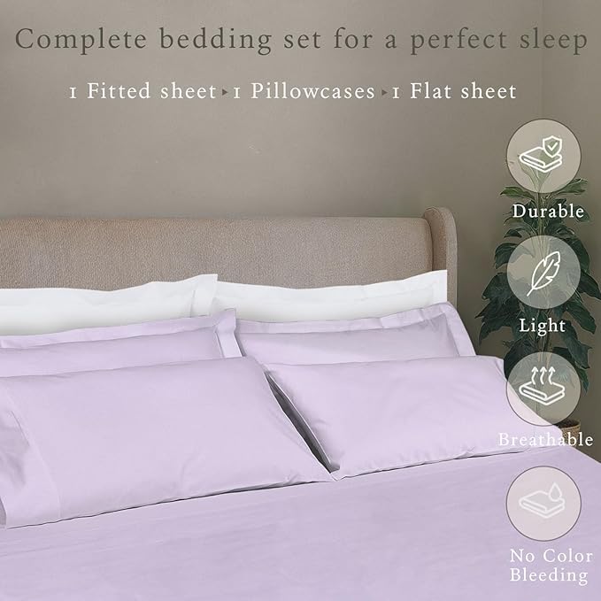 Threadmill Cotton Twin Sheets Set, 5 Star Hotel Quality Bed Sheets, 100% Cotton Sheets, 500 Thread Count, Deep Pocket, Snug Fit for Twin Mattress, Soft & Crisp 3 Piece Sheet Set, Lilac