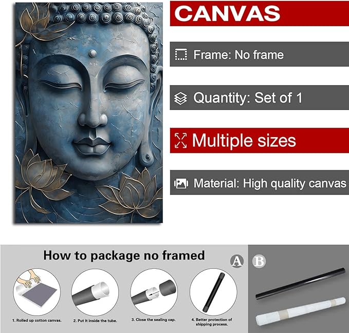 Canvas wall art Golden lotus crown Serene Buddha poster Ethereal blue toned art with delicate floral decor Zen wall art for a tranquil meditation space 24x36in Frameless