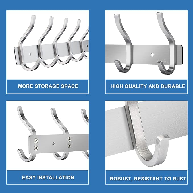 HAMUTH Wall Hooks Heavy Duty, 17 Inch Coat Rack Wall Mount with 6 Hooks,Silver Wall Hooks Hangers for Entryway, Bathroom - for Hanging Backpack, Bag, Coat, Purse, Hat, Towel, Clothes,2 Packs