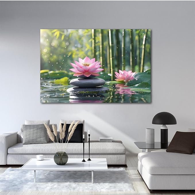 Ethereal pink lotus on obsidian Sunlit bamboo forest with sparkling water drops Poetic nature inspired wall art for tranquil homes and mindful spaces 32x48in Frameless