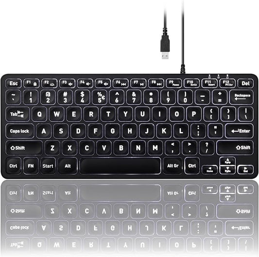 Perixx PERIBOARD-332 Wired Backlit USB Keyboard - Mini 11.22x4.57x0.83 Inches - Slim Scissor Keys with Big Font - White Illuminated LED - US English