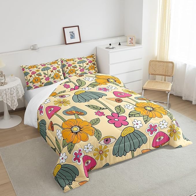 Castle Fairy 70s Retro Floral Comforter Set Full Size,Hippie Flowers Leaves Bedding Comforters for Girls Teens,Cartoon Eyes Mushroom Down Comforter with 2 Pillowcases,Chic