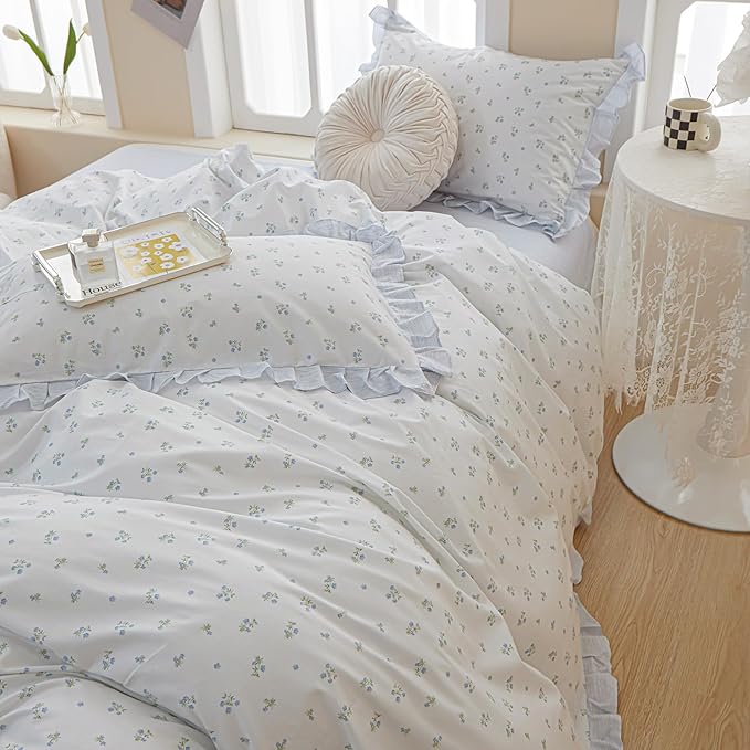 White Duvet Cover Floral Lace Duvet Cover King Cute Blue Flower Green Leaves Print Ruffle Comforter Cover Vintage Princess Lace Bedding Set Botanical Floral Comforter Cover Cottagecore Bedding Set