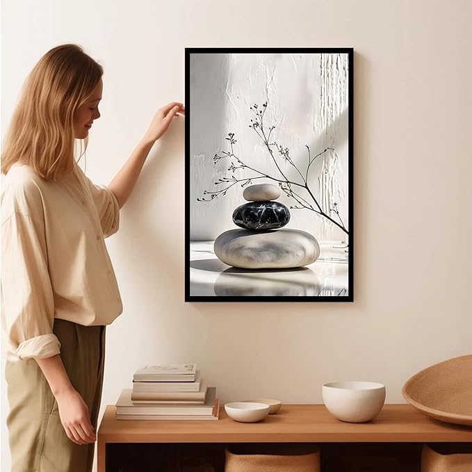 Gray and black stone pile and dried flowers poster canvas wall art in harmony Minimalist wall art for tranquil homes and mindful spaces 24x36in Metal blackFramed