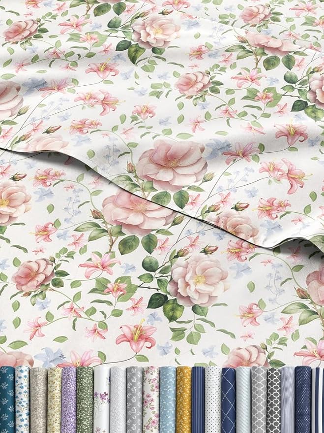 CGK Unlimited Floral Sheets - Pink Floral Rose Bed Sheet Set - 1 Flat, 1 Fitted & 2 Pillowcases w/Deep Pockets - Wrinkle & Fade Free - Boho Botanical Bedding - Ultra-Soft, Breathable and Cooling