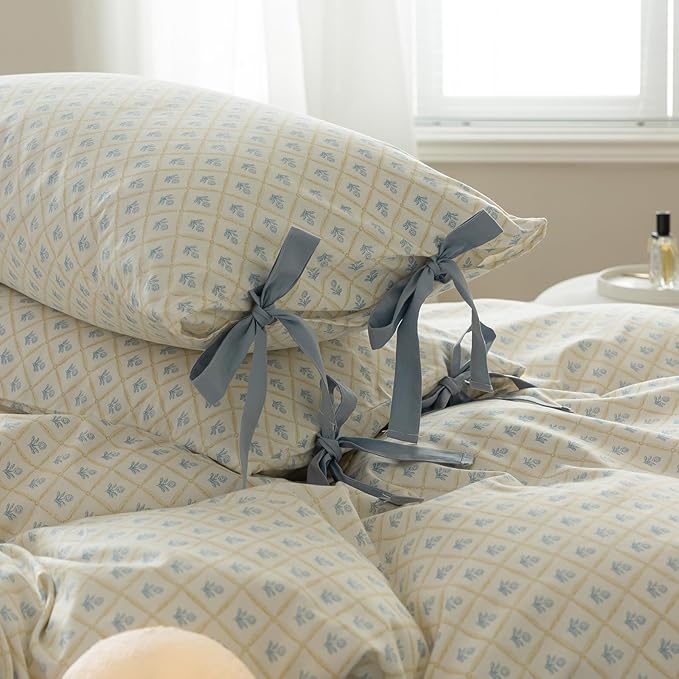 VM VOUGEMARKET Full Duvet Cover with Blue Flower Prints,100% Cotton Bedding Set,Yellow Plaid Grid Comforter Cover with Zipper Closure,80x90 Inch