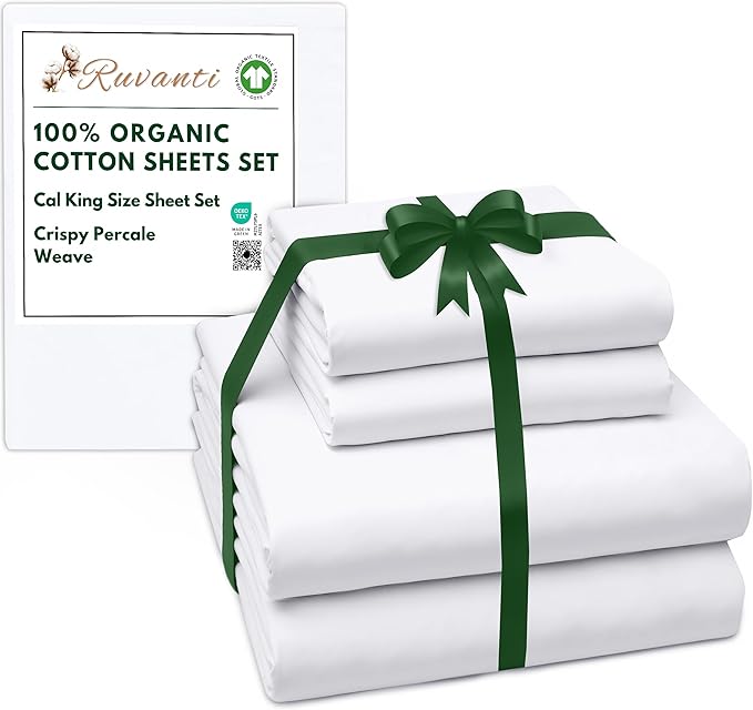 RUVANTI 100% Organic Cotton Sheets California King, Percale Weave, GOTS Certified, 4-Piece Set, Deep Pocket 13", Crisp & Breathable, Soft Durable Bedding, Sábanas Algodón Orgánico – Bright White