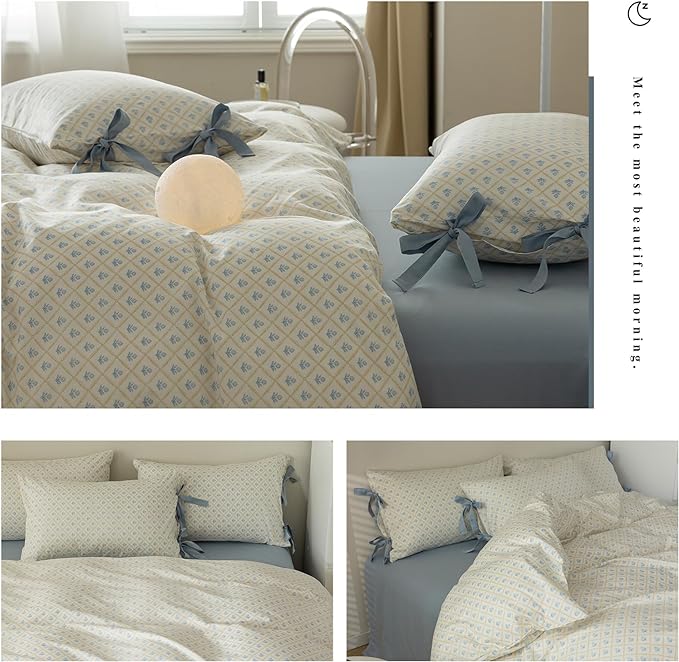 Blue Floral Bedding Duvet Cover Full Girl Cozy Cotton Comforter Cover White Flowers Coquette Bedding Set 3 Piece for Teen College Dorm Romantic Fresh Duvet Cover Set Full with 2 Bow Tie Pillowcases