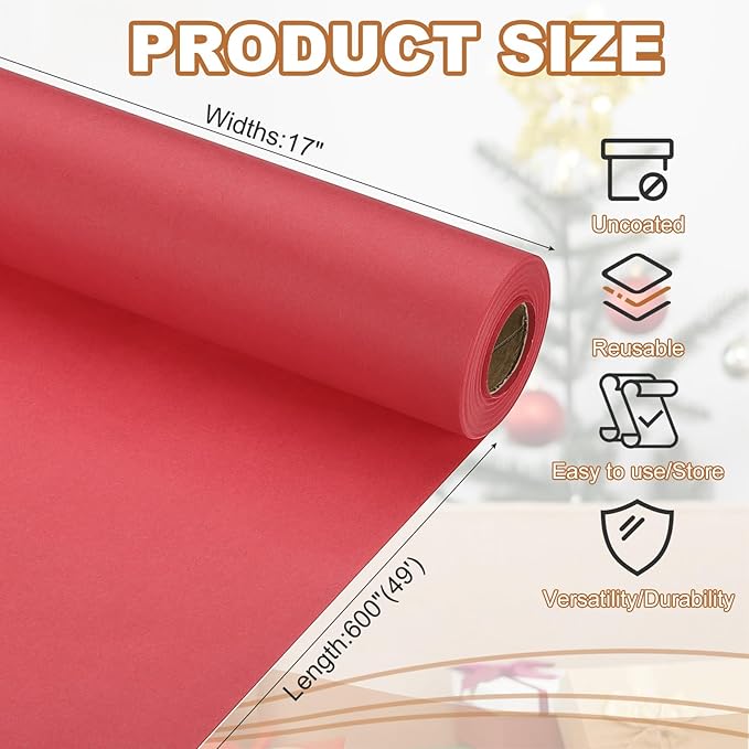 PATIKIL Wrapping Paper, 17" x 600"(49') 70 GSM Craft Paper Roll Kraft Packing Paper for Poster Bulletin Board, Gift Wrapping, Red