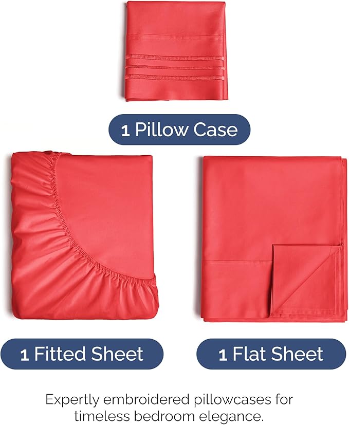 Twin Size 3 Piece Sheet Set - Comfy Breathable & Cooling Bed Sheets Set - Hotel Luxury Bedding for Women, Men, Kids, Teens, Boys and Girls - Deep Pockets, Ultra-Soft & Wrinkle Free - Oeko-Tex - Red