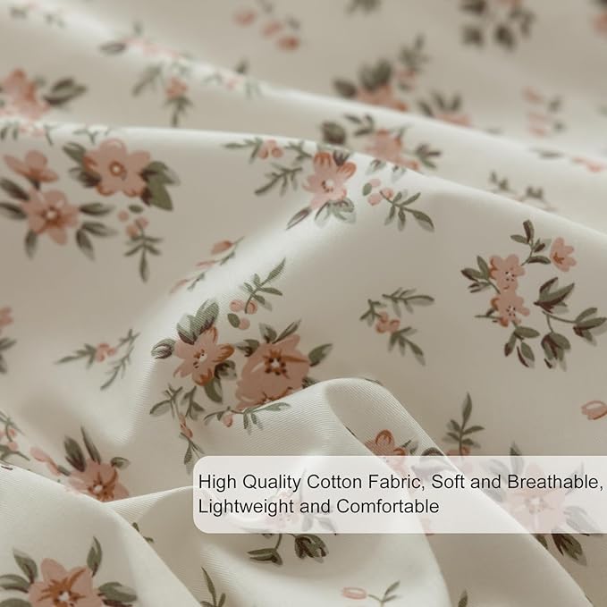 EAVD Pink Flower Duvet Cover Twin Soft 100% Cotton Chic Shabby Pink Floral Cottagecore Bedding Set with 2 Pillowcases Vintage Style Peach Floral Comforter Cover with Zipper Closure