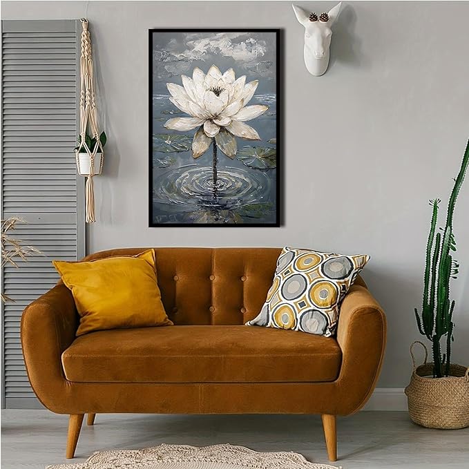 Stunning white lotus emerges from prismatic water with delicate petals background Serene aquatic wall art suitable for modern minimalist decor 24x36in Metal blackFramed