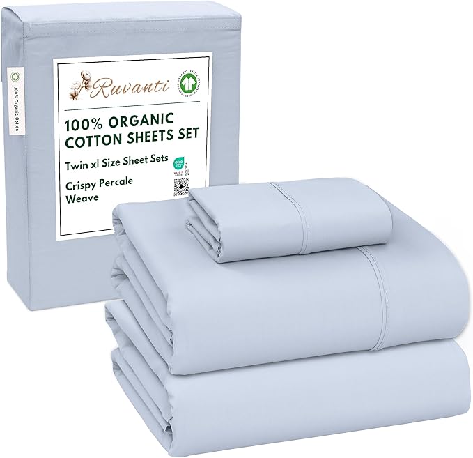 RUVANTI 100% Organic Cotton Sheets Twin XL, Percale Weave, GOTS Certified, 3-Piece Set, Deep Pocket 15", Crisp & Breathable, Soft Durable Bedding, Sábanas Algodón Orgánico – Arctic Ice