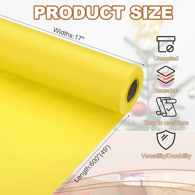 PATIKIL Wrapping Paper, 17" x 600"(49') 70 GSM Craft Paper Roll Kraft Packing Paper for Poster Bulletin Board, Gift Wrapping, Yellow