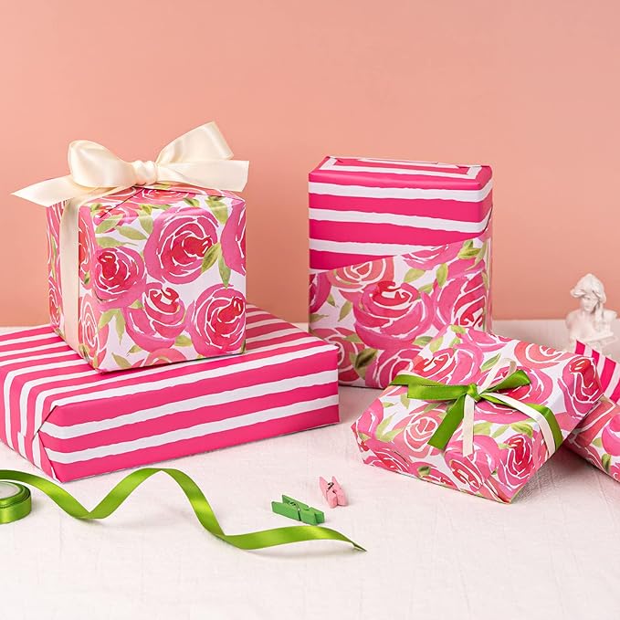 RUSPEPA Reversible Wrapping Paper Roll - Mini Roll - Watercolor Style Pink Rose and Stripe Pattern Great for Mother's Day, Birthday, Party, Wedding and More - 17 Inches X 32.8 Feet