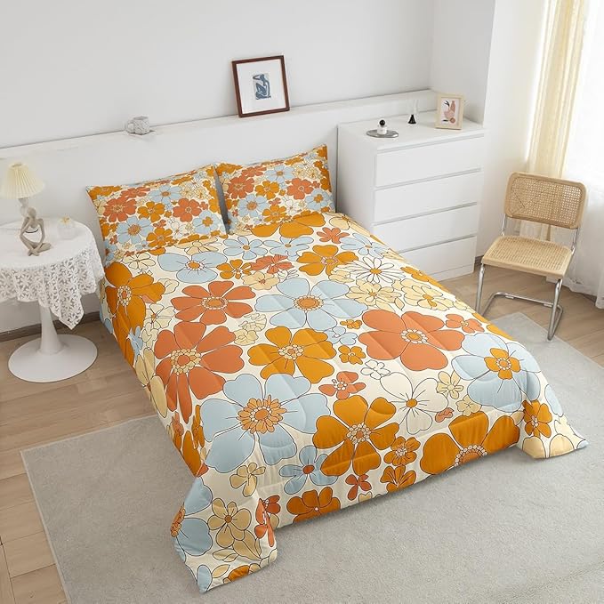 Castle Fairy Retro 70s 60s Floral Hippie Bedding Comforters Queen Size,Summer Groovy Flowers Comforter Set with 2 Pillowcases,Boho Plant 3pcs Children Adult Duvet Set,Soft