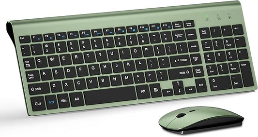 Wireless Keyboard and Mouse Ultra Slim Combo, TopMate 2.4G Silent Compact USB 2400DPI Mouse and Scissor Switch Keyboard Set with Cover, Batteries Included, for PC/Laptop/Windows/Mac - Green Black