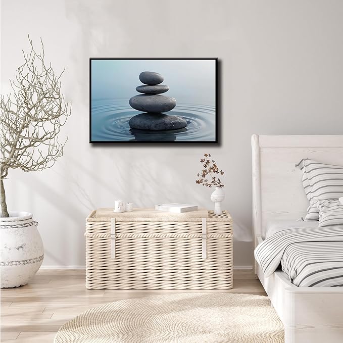 Zen wall art Harmonious grey stones stacked on a calm surface of water Serene Zen decor suitable for tranquil homes and spaces of meditation 12x18in Metal blackFramed