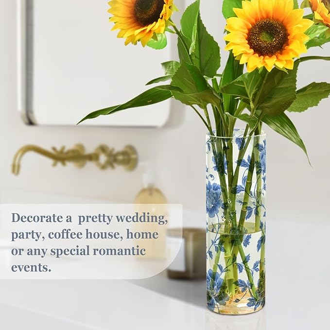 Flower Vase Clear Plastic Cylinder Vases Decor for Centerpieces Home Storage Office Weddings Flowers Blue and White Pattern 11.8 x 3.9 in