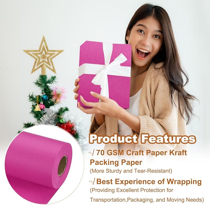 PATIKIL Wrapping Paper, 20" x 700"(59') 70 GSM Craft Paper Roll Kraft Packing Paper for Poster Bulletin Board, Gift Wrapping, Rose Pink