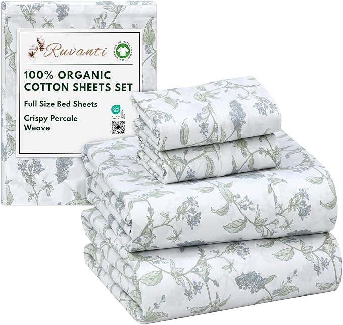 RUVANTI 100% Organic Cotton Sheets Full Size, Percale Weave, GOTS Certified, 4-Piece Set, Deep Pocket 15", Crisp & Breathable, Soft Durable Bedding, Sábanas Algodón Orgánico – Vine Yard