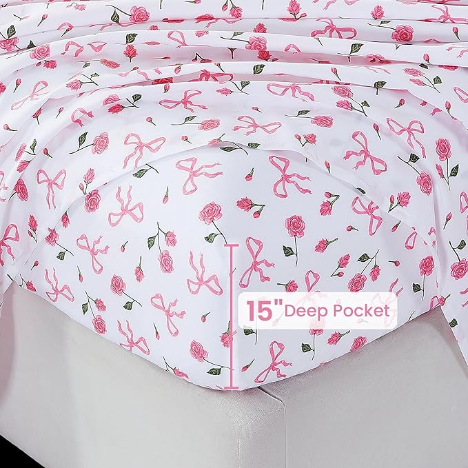 Softan Pink Floral Twin Bed Sheets, Cozy Microfiber Flower Printed Sheets with 15" Deep Pocket Fitted Sheet & Non-Slip Straps, Patterned Pink Rose - Bow Sheets & Pillowcase Set