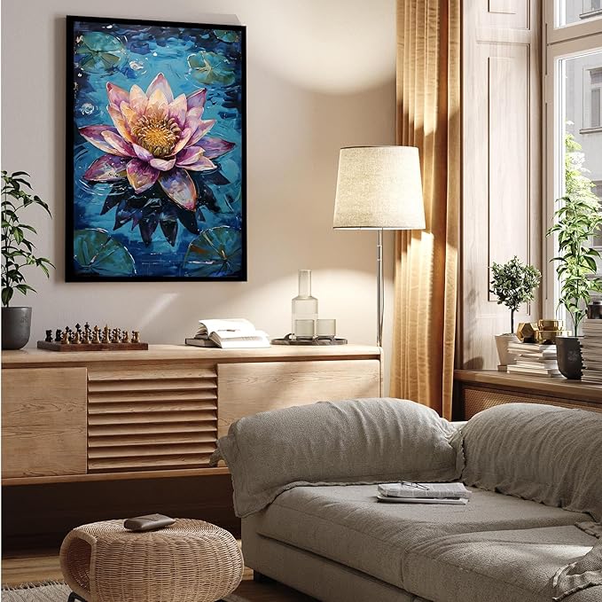 Gorgeous pink and purple water lilies on deep blue water Eye-catching oil painting Serene aquatic wall art for modern home decor 24x36in Metal blackFramed