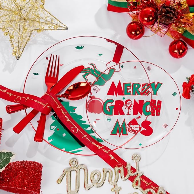 DaYammi 210Pcs Clear Green Monster Plastic Plates Disposable Christmas Dinnerware Set Include 30 Dinner Plates,30 Dessert Platos,30 Forks,30 Knives,30 Spoons,30 Cups,30 Napkins for Christmas Party