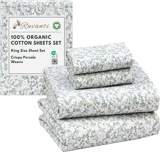RUVANTI 100% Organic Cotton Sheets King Size, Percale Weave, GOTS Certified, 4-Piece Set, Deep Pocket 15", Crisp & Breathable, Soft Durable Bedding, Sábanas Algodón Orgánico – Floral Rush