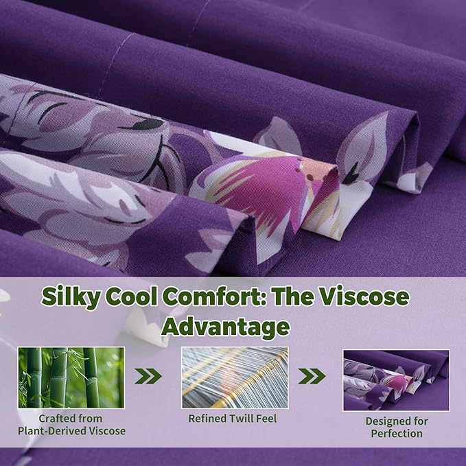 Bedlifes Queen Floral 4-Piece Sheet Set - Cooling Sheets Blend Rayon Derived from Bamboo,Soft & Breathable, Deep Pocket 16", Wrinkle Resistant - Vibrant Boho Floral Dark Purple