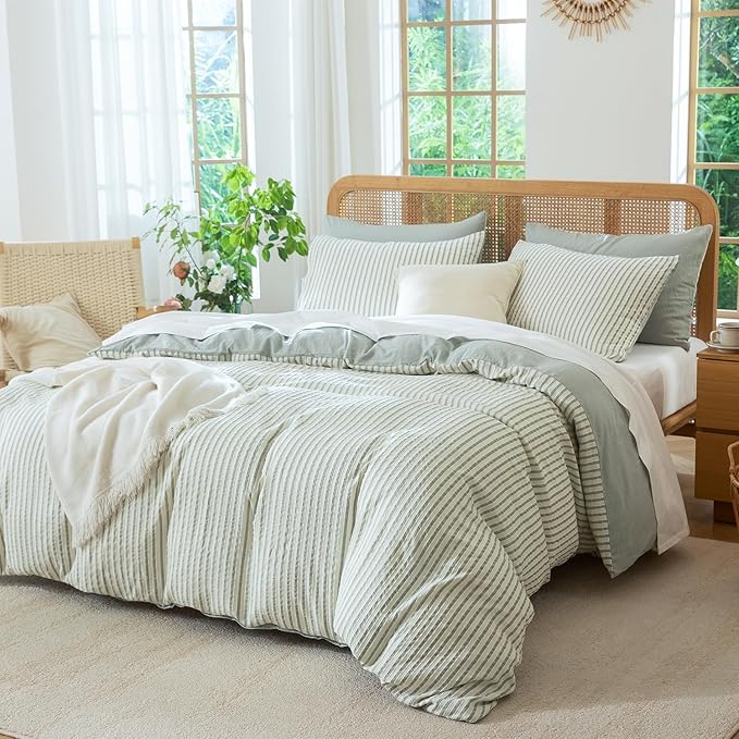 Striped Duvet Cover Queen Washed Microfiber Jacquard 3 Pieces Bedding Set, White Grayish Green Vertical Ticking Stripes Pattern Comforter Cover with Zipper Closure Breathable Durable Soft Comfy