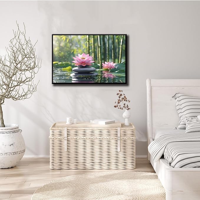 Ethereal pink lotus on obsidian Sunlit bamboo forest with sparkling water drops Poetic nature inspired wall art for tranquil homes and mindful spaces 16x24in Metal blackFramed