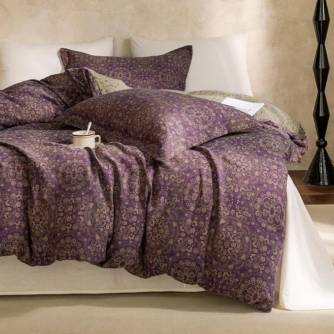 EAVD Soft 100% Cotton Muslin Yarn-Dyed Jacquard Textured Duvet Cover Full Chic Shabby Purple Floral Duvet Cover with Zipper Closure Linen Like Gauze Floral Bedding Set with 2 Pillowcases