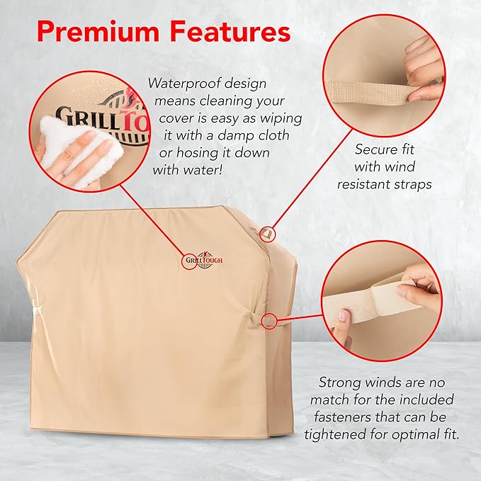 GrillTough Heavy Duty BBQ Grill Cover for Outdoor Grill, 64 Inch – Waterproof, Weather Resistant, UV & Fade Resistant with Adjustable Straps – Gas Grill Cover for Weber, Genesis, Charbroil, etc. Tan
