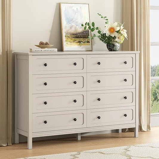 CARPETNAL Beige Dresser for Bedroom, 55" Wide 8 Drawer Dresser with Metal Handles and Deep Drawers, Modern Large Wood Chest of Drawers for Living Room, Hallway.