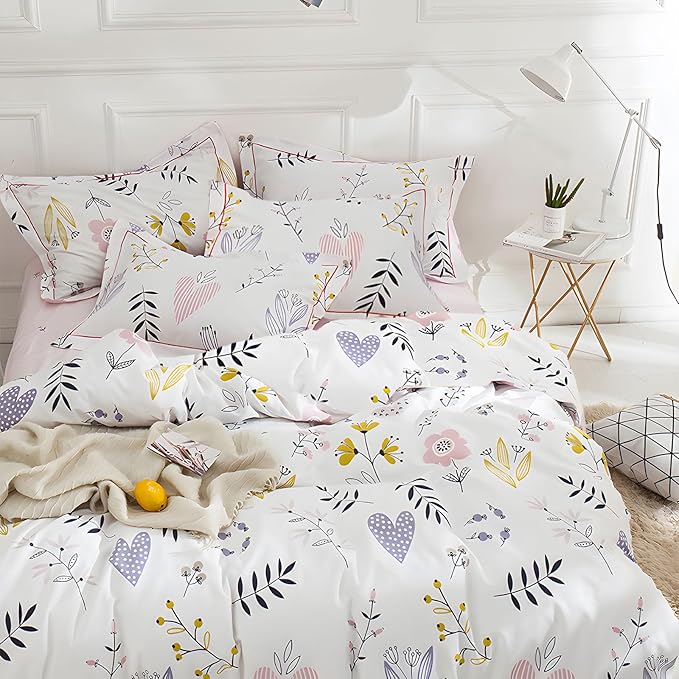 HighBuy Girl Comforter Sets King White Pink Floral Bedding Comforter Set King 3 Piece Flower Comforters Fluffy with 2 Pillowcases,Cottagecore Botanical Bedding Comforter Sets