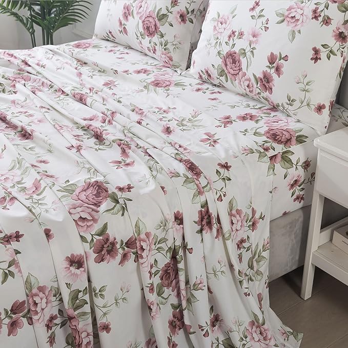 FADFAY Beige Vintage Floral Full Size Sheets Set Premium 100% Cotton Shabby Brick Red Rose Pattern Bedding Set Deep Pocket Sheets with 2 Pillowcases Luxury Breathable Soft 4Pcs, Full Size